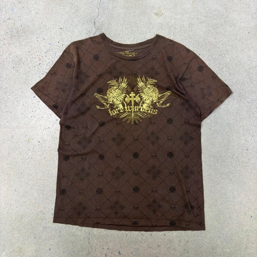 Vintage Y2K Affliction Style Skull AOP Skate T-Shirt (Size Medium)